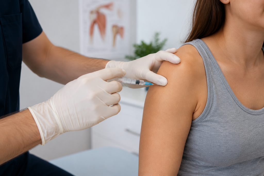 Healthcare provider administering a corticosteroid injection into a patient’s shoulder