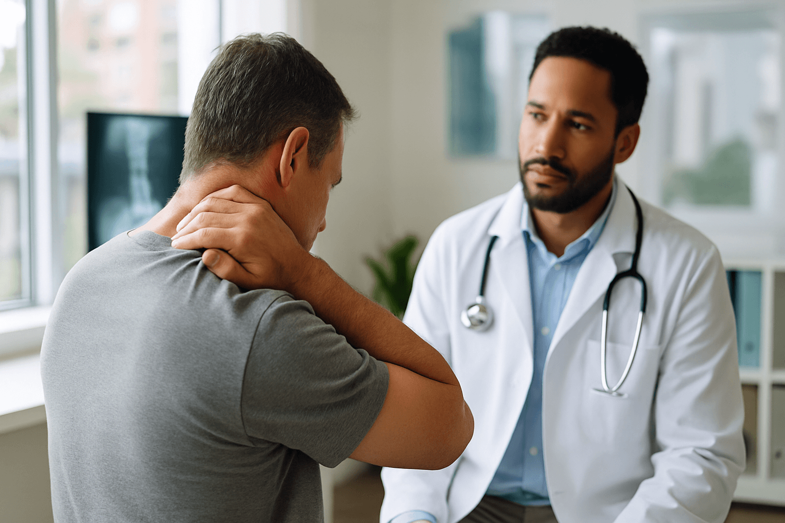 Dehydration Trigger Points Neck Shoulders — Patient with neck and shoulder pain in a Charlotte clinic