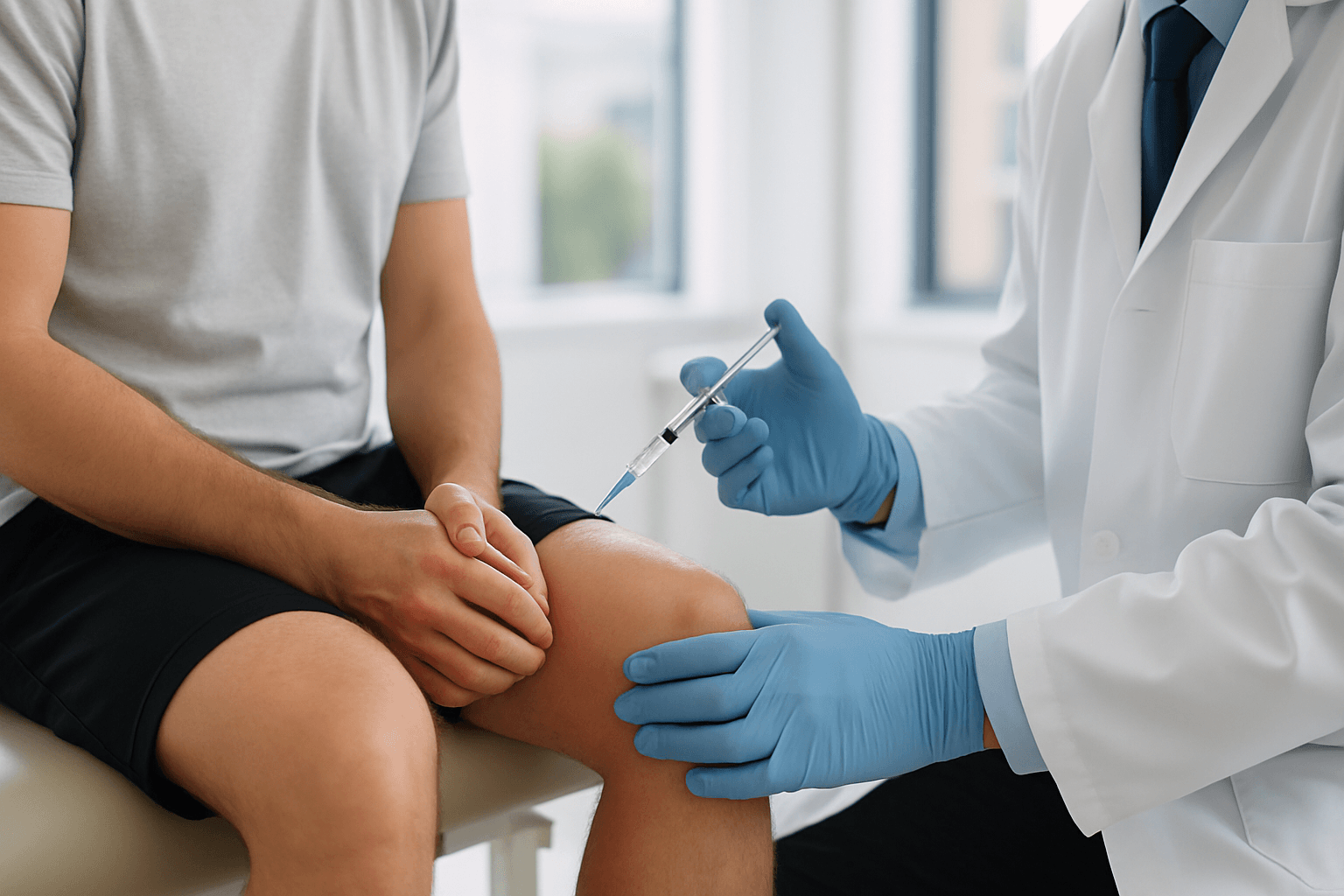 Hyaluronic Acid Injections Charlotte — Doctor preparing hyaluronic acid injection for knee in Charlotte clinic