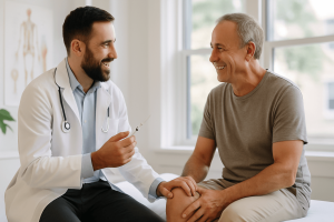 Hyaluronic Acid Injections Charlotte — Doctor consulting patient about hyaluronic acid injections for knee osteoarthritis in