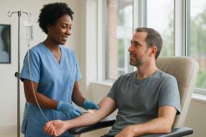 Iv Therapy Process Charlotte — Patient receiving IV therapy in a comfortable clinic setting in Charlotte