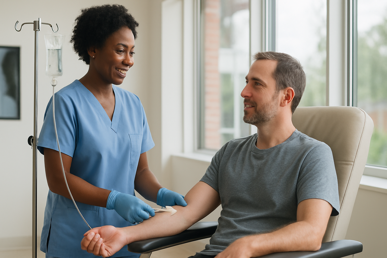 Iv Therapy Process Charlotte — Patient receiving IV therapy in a comfortable clinic setting in Charlotte