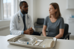 Iv Treatment Tray Sterile Standards — Sterile IV treatment tray with medical supplies in a Charlotte clinic