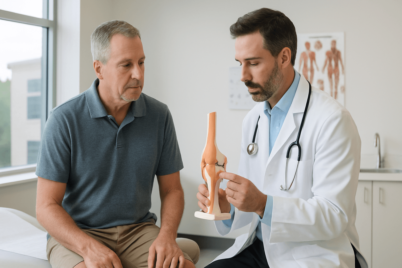Patient consulting with physician about knee cartilage lubrication therapy at Joint Health Solutions in Charlotte