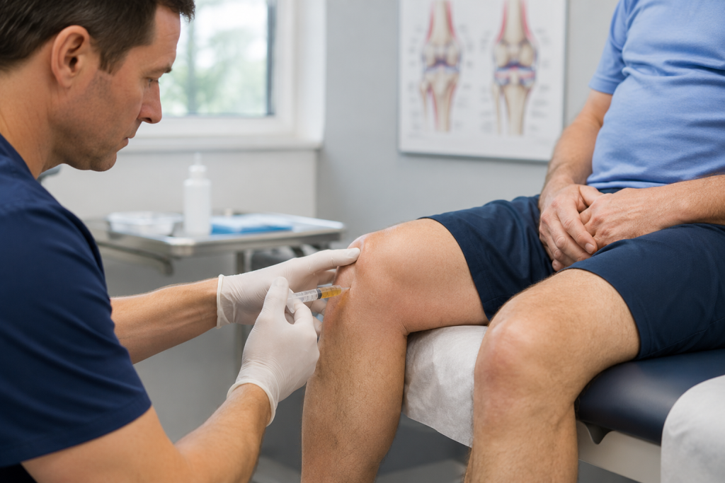 Healthcare provider performing knee arthrocentesis for a patient with excess joint fluid in Concord, NC