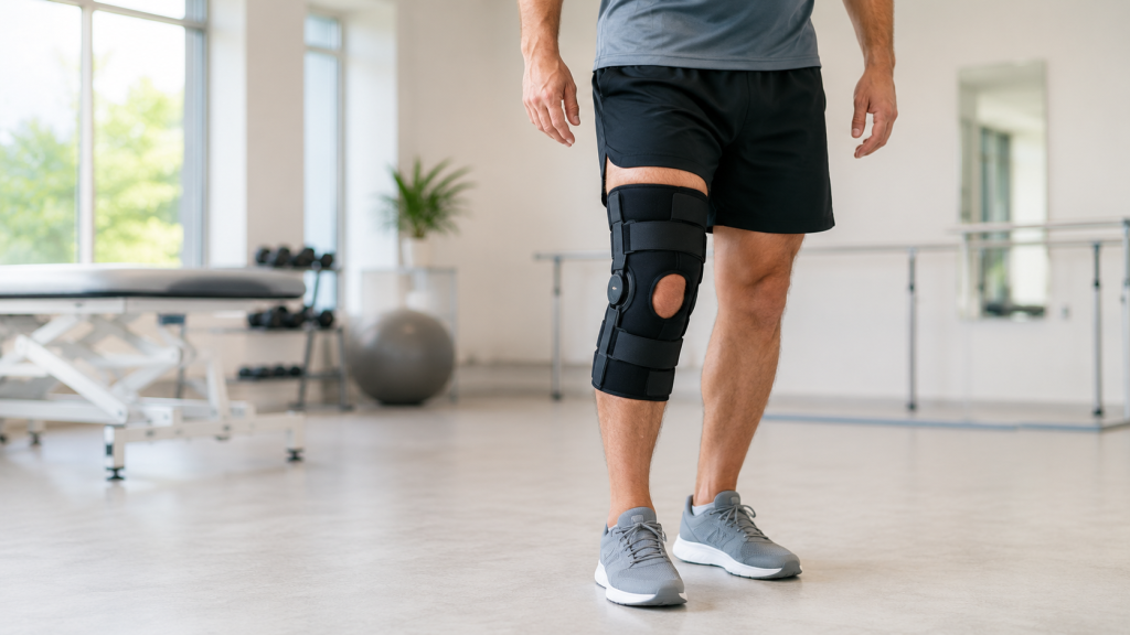 Adult patient wearing a supportive knee brace in a bright rehabilitation clinic