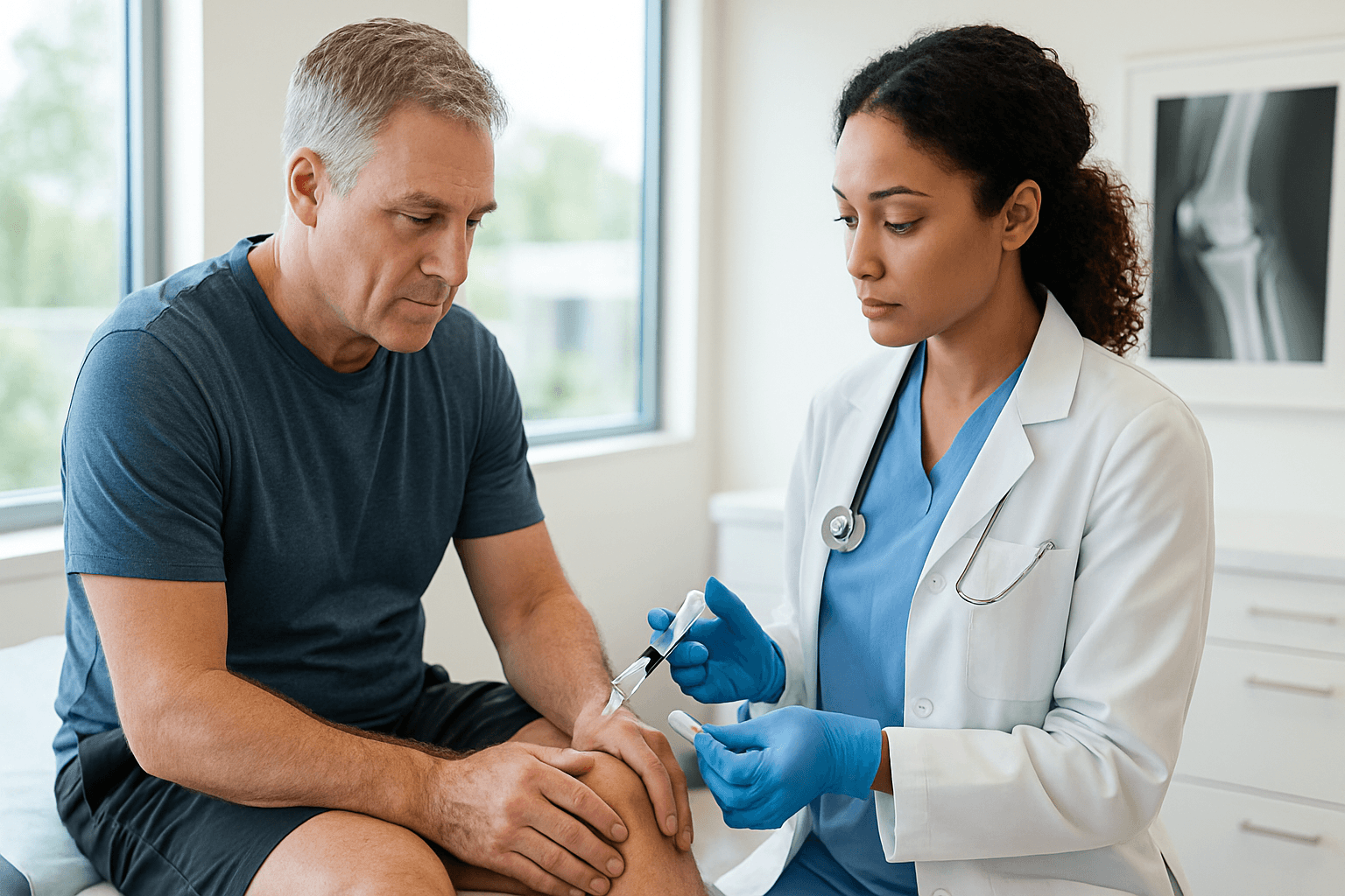 Knee Ha Injection Preparation — Patient preparing for knee HA injection with a glass of water in a bright clinic