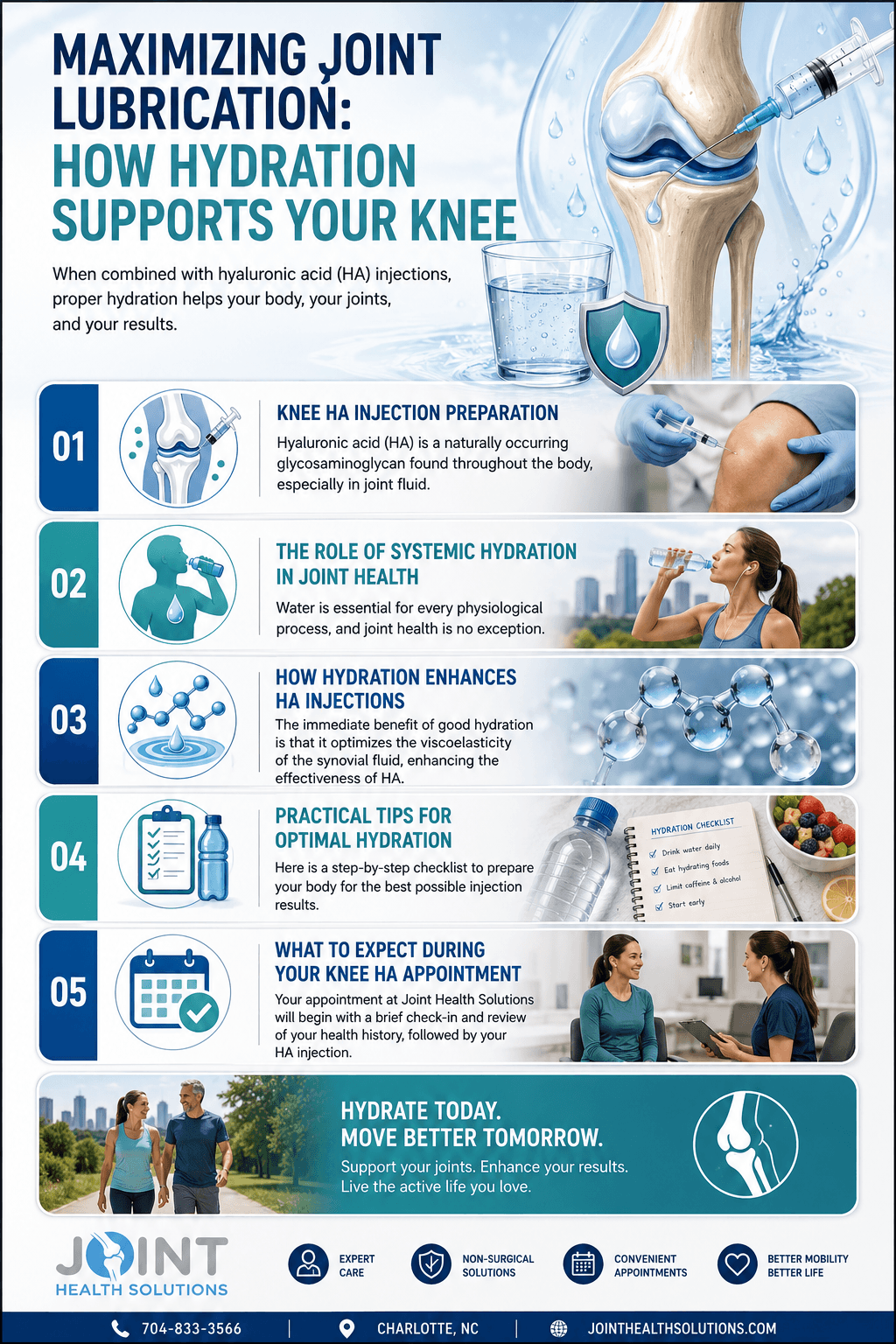 Knee Ha Injection Preparation — Infographic showing Joint Health Solutions services for non-surgical joint care