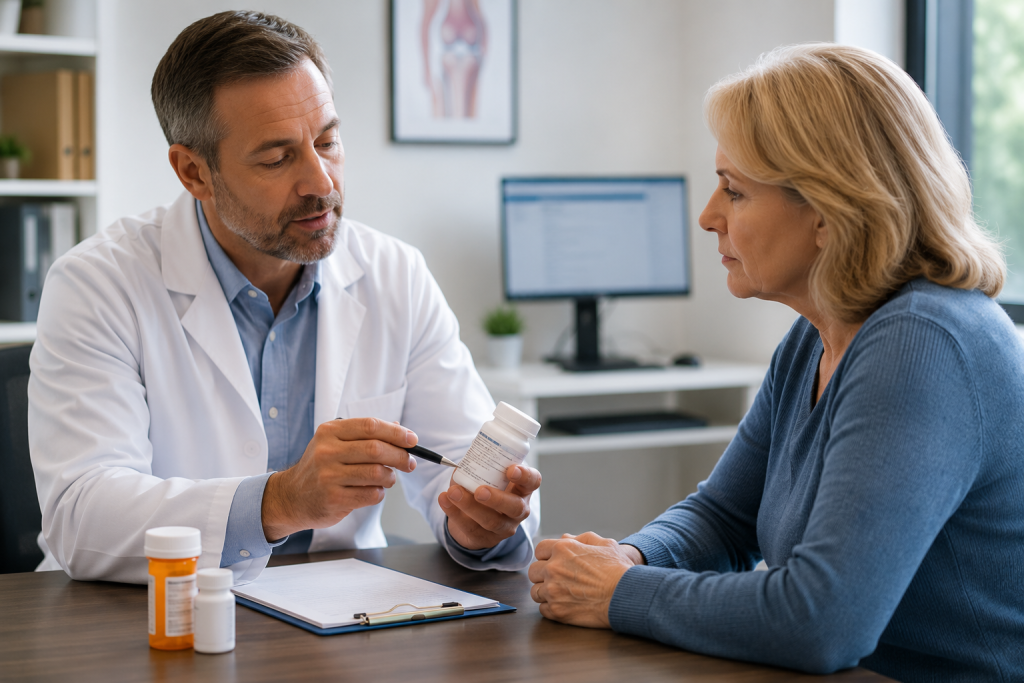 Healthcare provider reviewing medication options and medical history with an adult patient