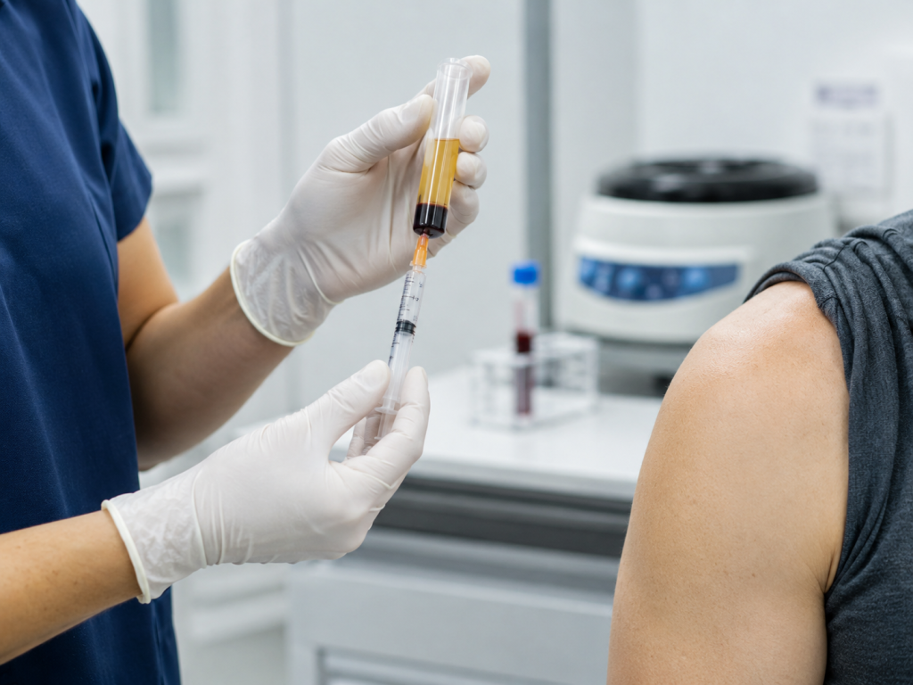Healthcare provider preparing platelet rich plasma for a shoulder treatment procedure