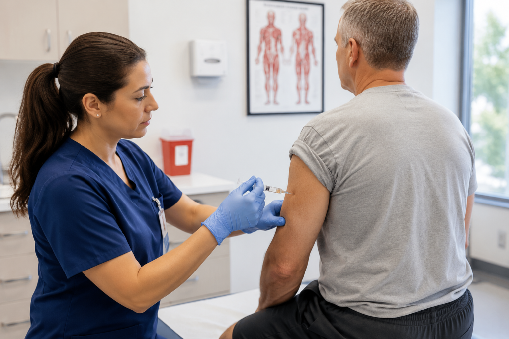Healthcare provider administering a Toradol IM injection into an adult patient’s upper arm muscle