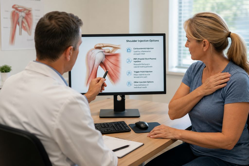 Doctor discussing shoulder injection options with a patient during a clinical consultation