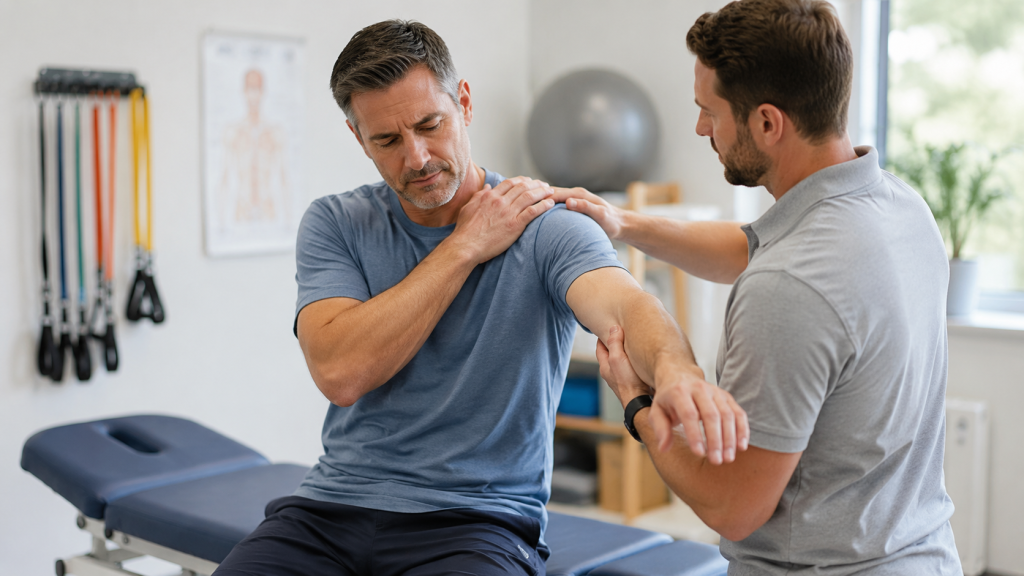 Healthcare provider evaluating an adult patient’s shoulder movement and range of motion