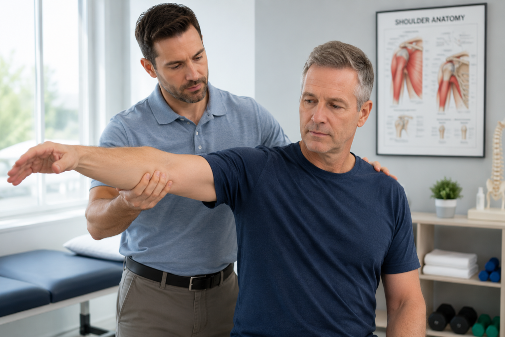 Healthcare provider assessing a patient’s shoulder movement during a clinical evaluation near Concord, NC