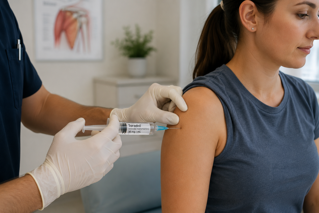 Healthcare provider administering a Toradol IM injection into a patient’s upper arm muscle