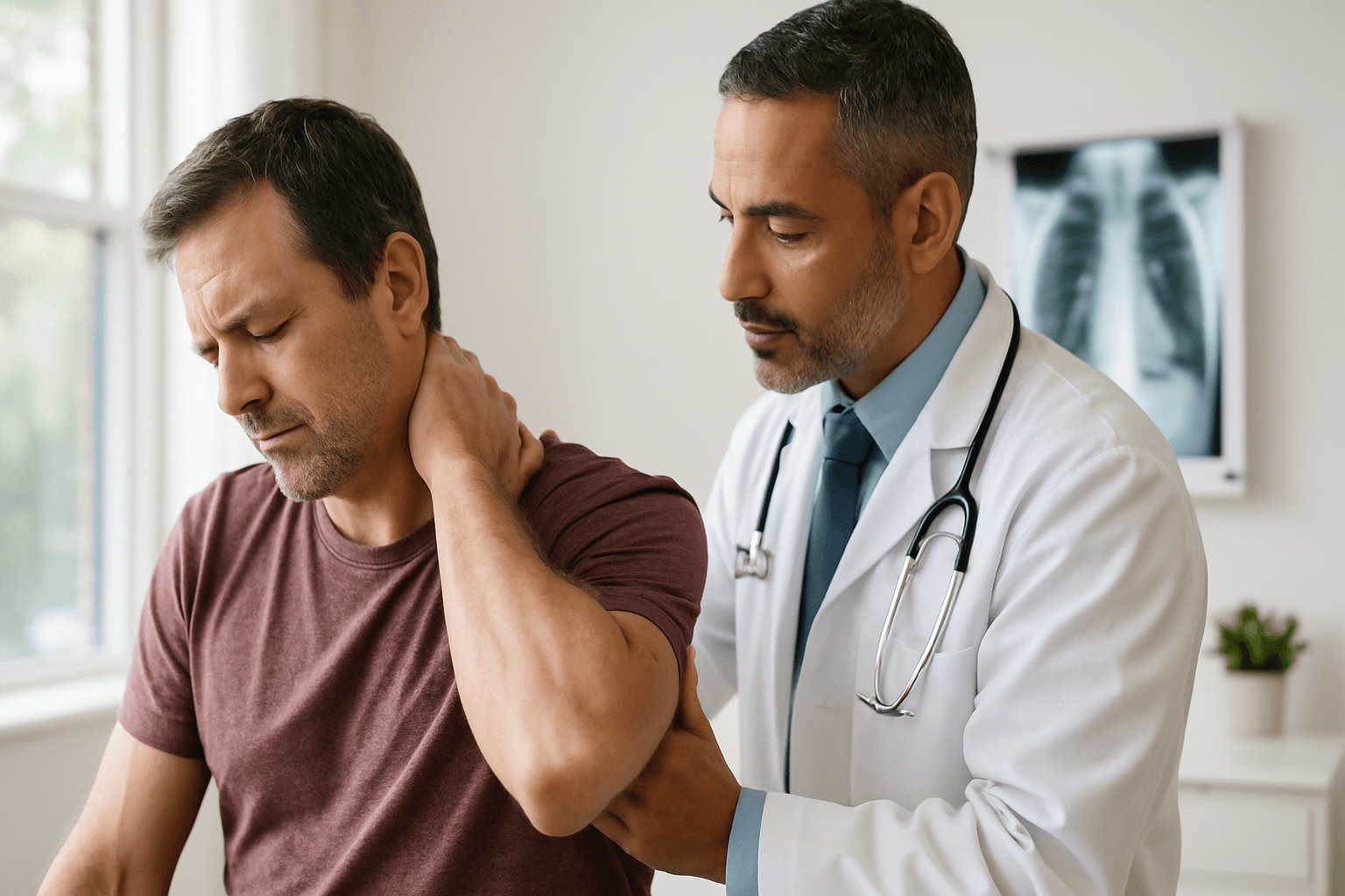 Trapezius Tightness Relief Charlotte — Professional experiencing trapezius tightness in Charlotte clinic