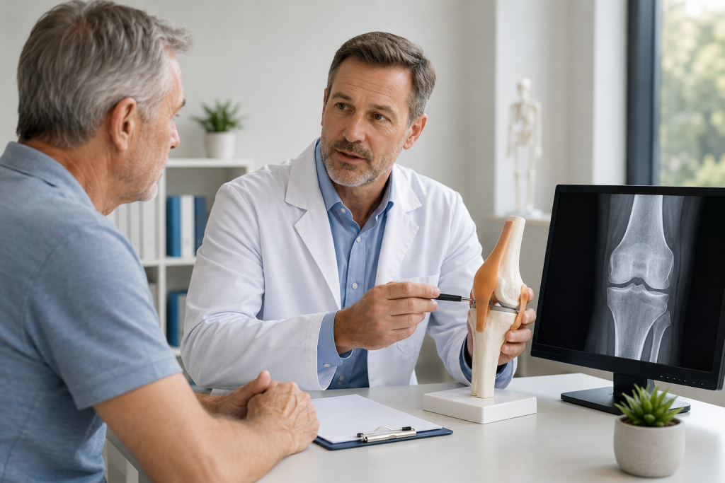 Doctor discussing a knee model and X-ray with an older patient during an orthopedic referral consultation