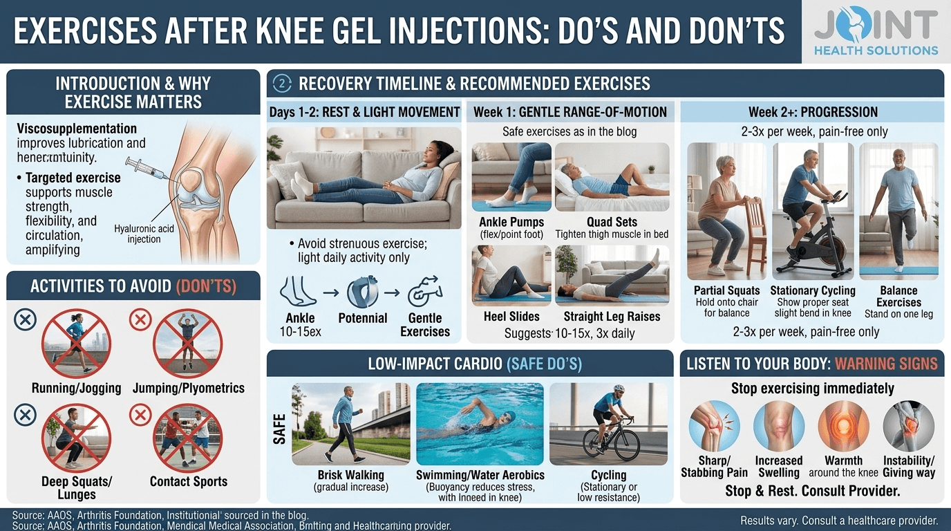 A comprehensive medical infographic detailing post-viscosupplementation exercise guidelines by Joint Health Solutions, including a recovery timeline (Days 1-2, Week 1, Week 2+), safe low-impact activities, prohibited exercises (running, deep squats, contact sports), and red flag warning signs.