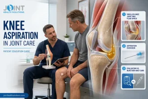 Clinician explaining knee aspiration with a swollen knee joint diagram beside a seated patient.