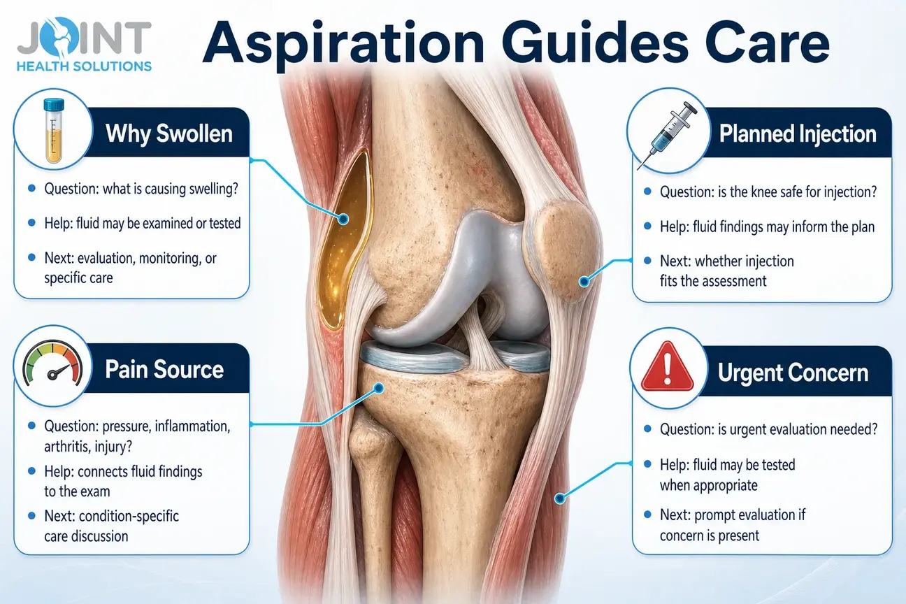 Infographic showing how knee aspiration findings can guide evaluation and next care discussions.