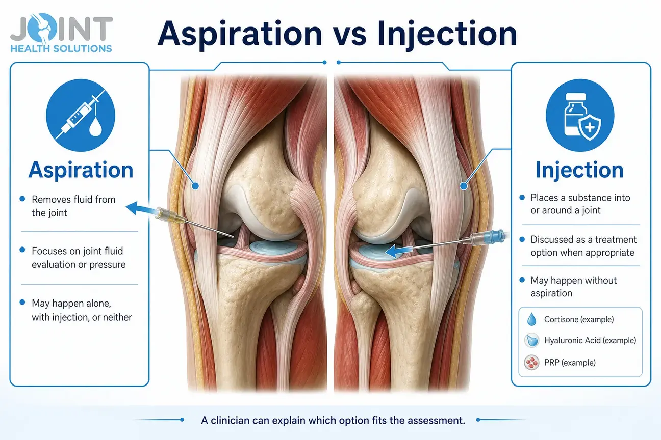 Comparison graphic showing knee aspiration removing fluid and knee injection placing treatment substance.