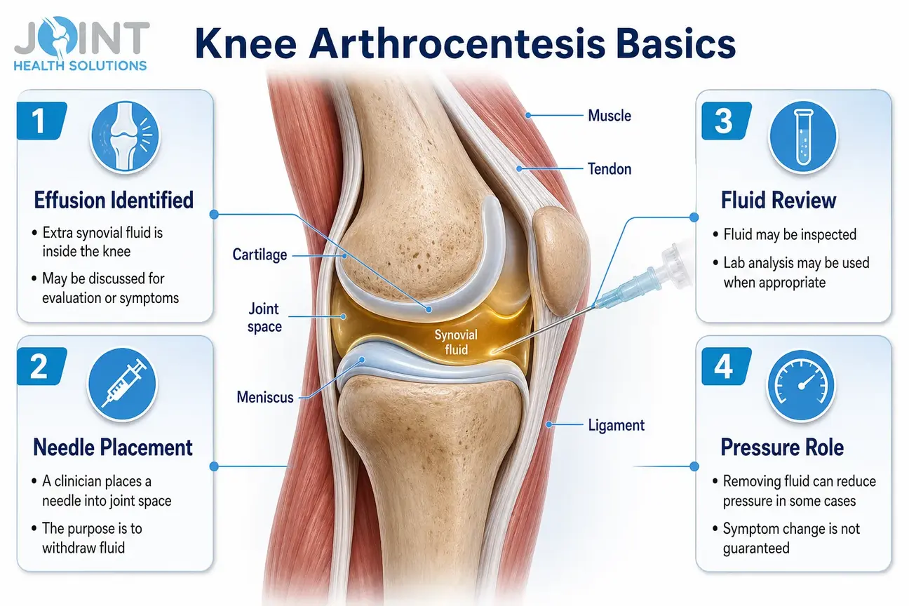Infographic explaining knee arthrocentesis with a non-graphic knee fluid removal diagram.