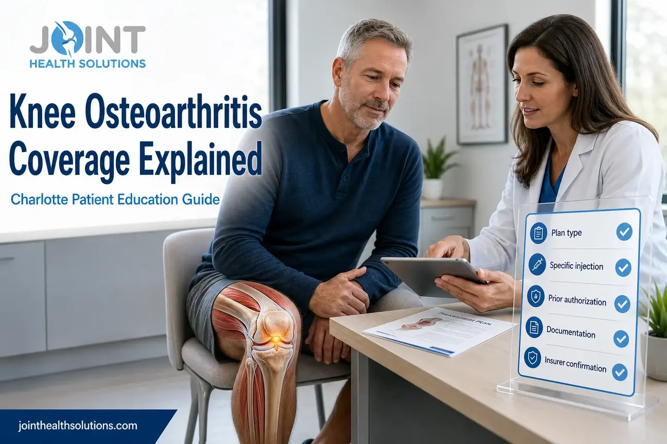 Patient and clinician reviewing a knee osteoarthritis coverage checklist with a knee anatomy overlay.