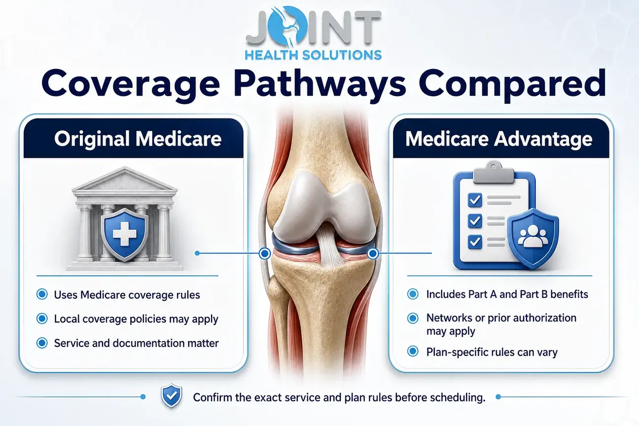 Side-by-side infographic comparing Original Medicare and Medicare Advantage knee coverage decision points.