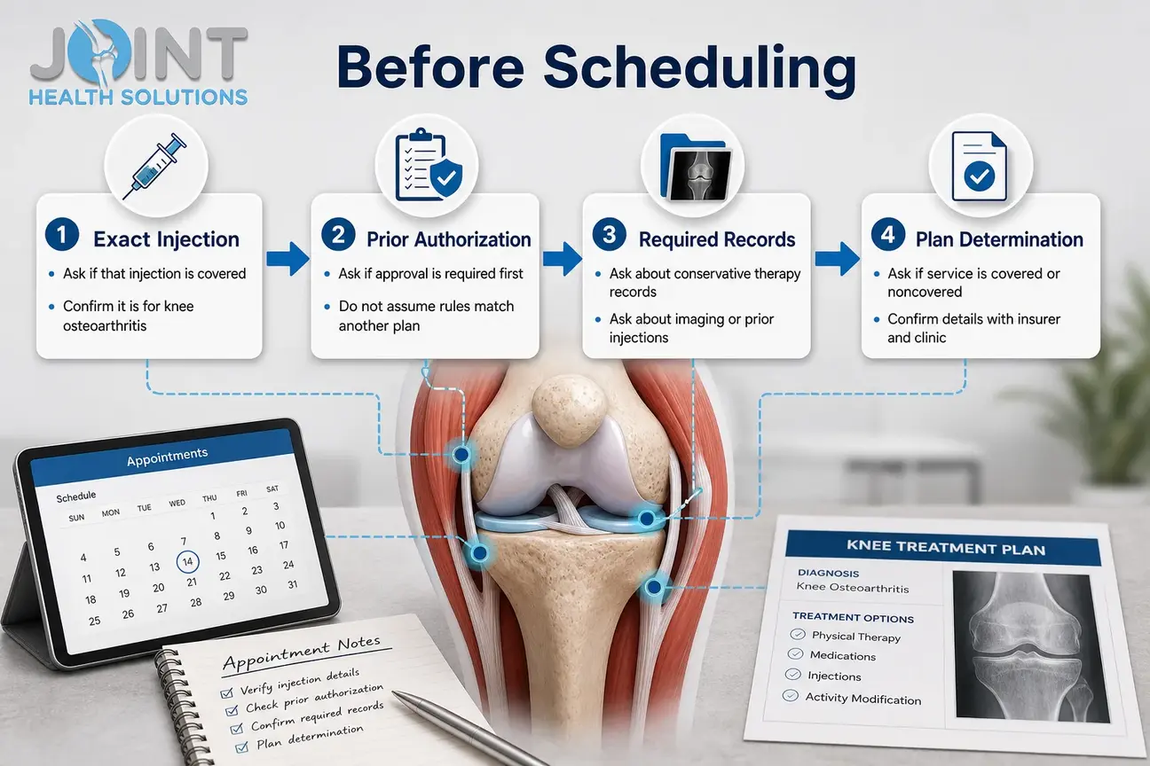 Flow diagram showing questions to verify before scheduling knee injection treatment.