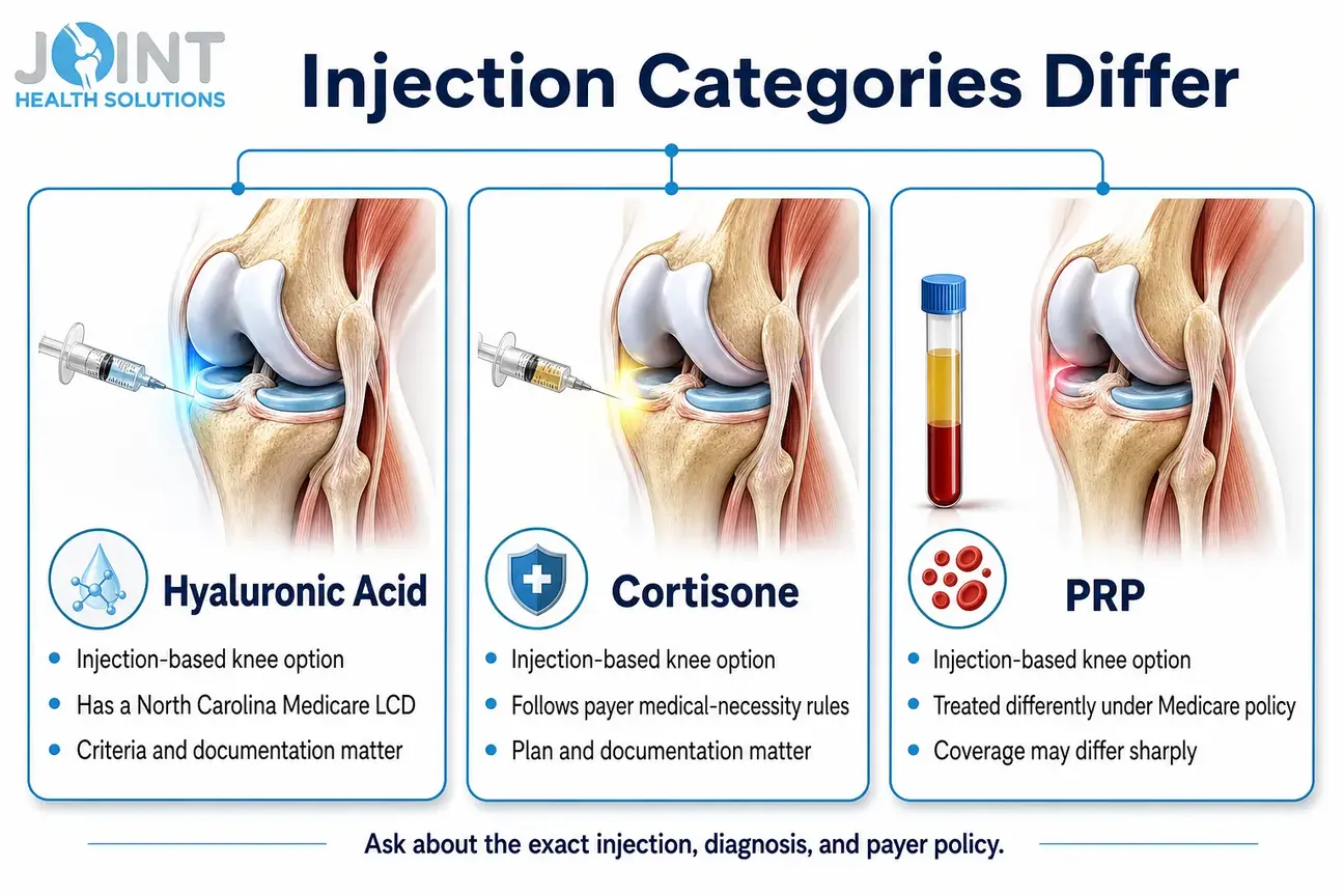 Three-column infographic comparing hyaluronic acid, cortisone, and PRP knee injection coverage categories.