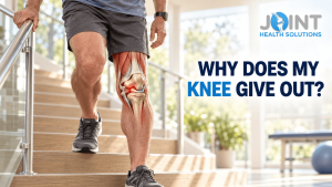 Knee buckling banner showing a woman experiencing knee instability with a detailed anatomical view of the knee joint.