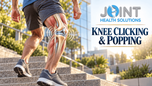 Knee clicking and popping banner featuring detailed three-dimensional knee anatomy with sound waves representing joint noise.