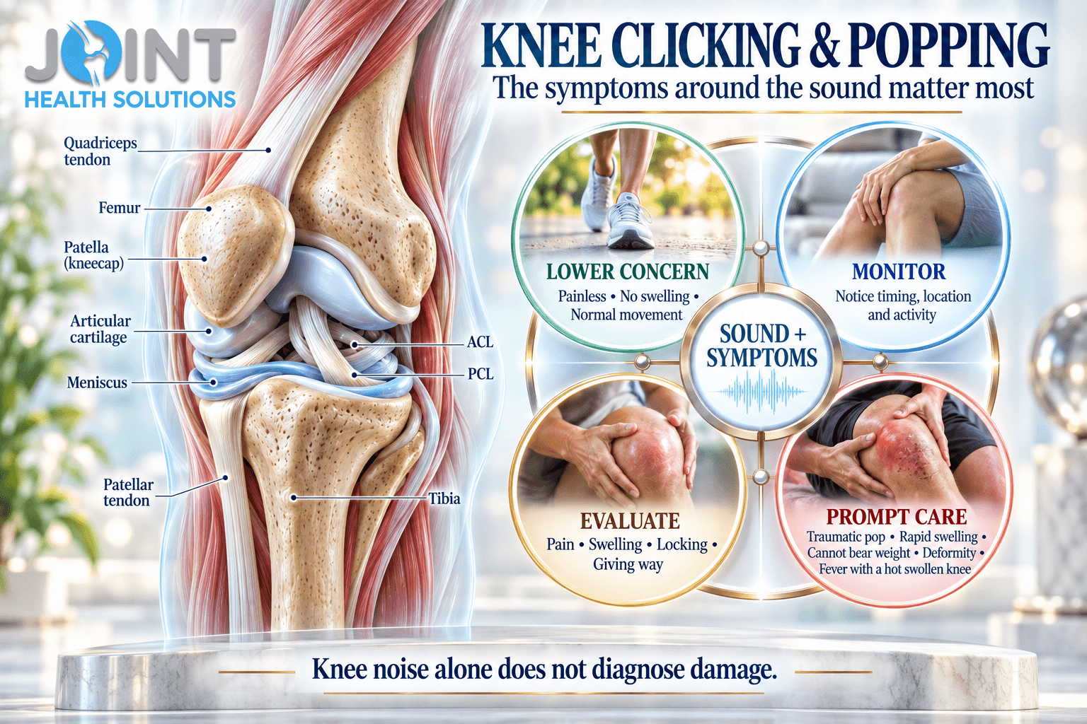 Knee clicking and popping infographic showing detailed knee anatomy, lower-concern patterns, symptoms to monitor, and warning signs requiring medical care.