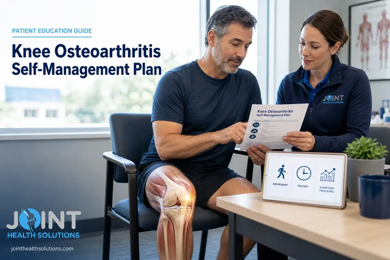 Clinician reviews a knee osteoarthritis self-management plan with an adult patient and knee anatomy overlay.