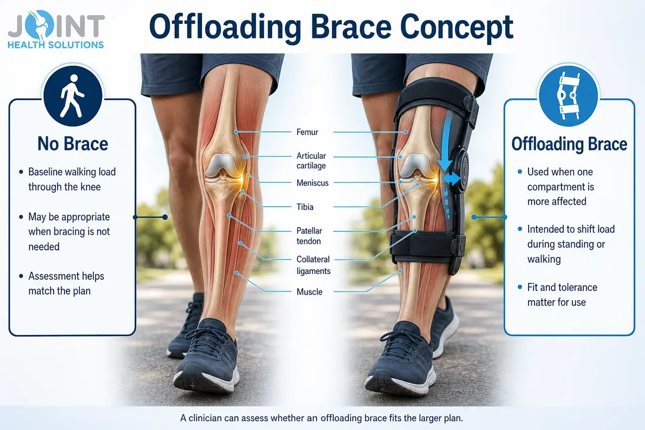 Side-by-side comparison of walking without a brace and with an offloading knee brace for medial knee load.