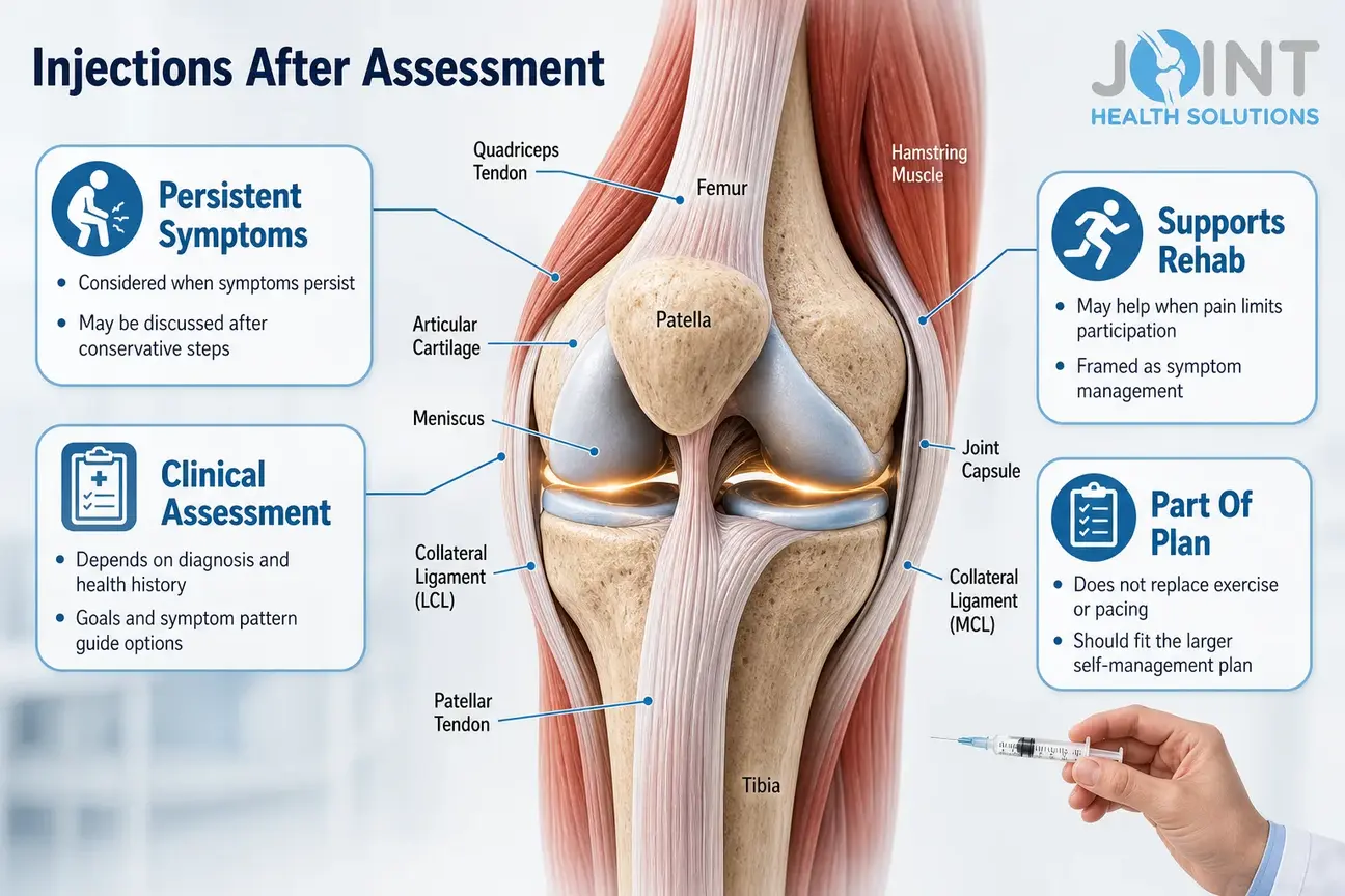 Detailed knee anatomy illustration explaining that injections may fit after assessment and conservative care steps.