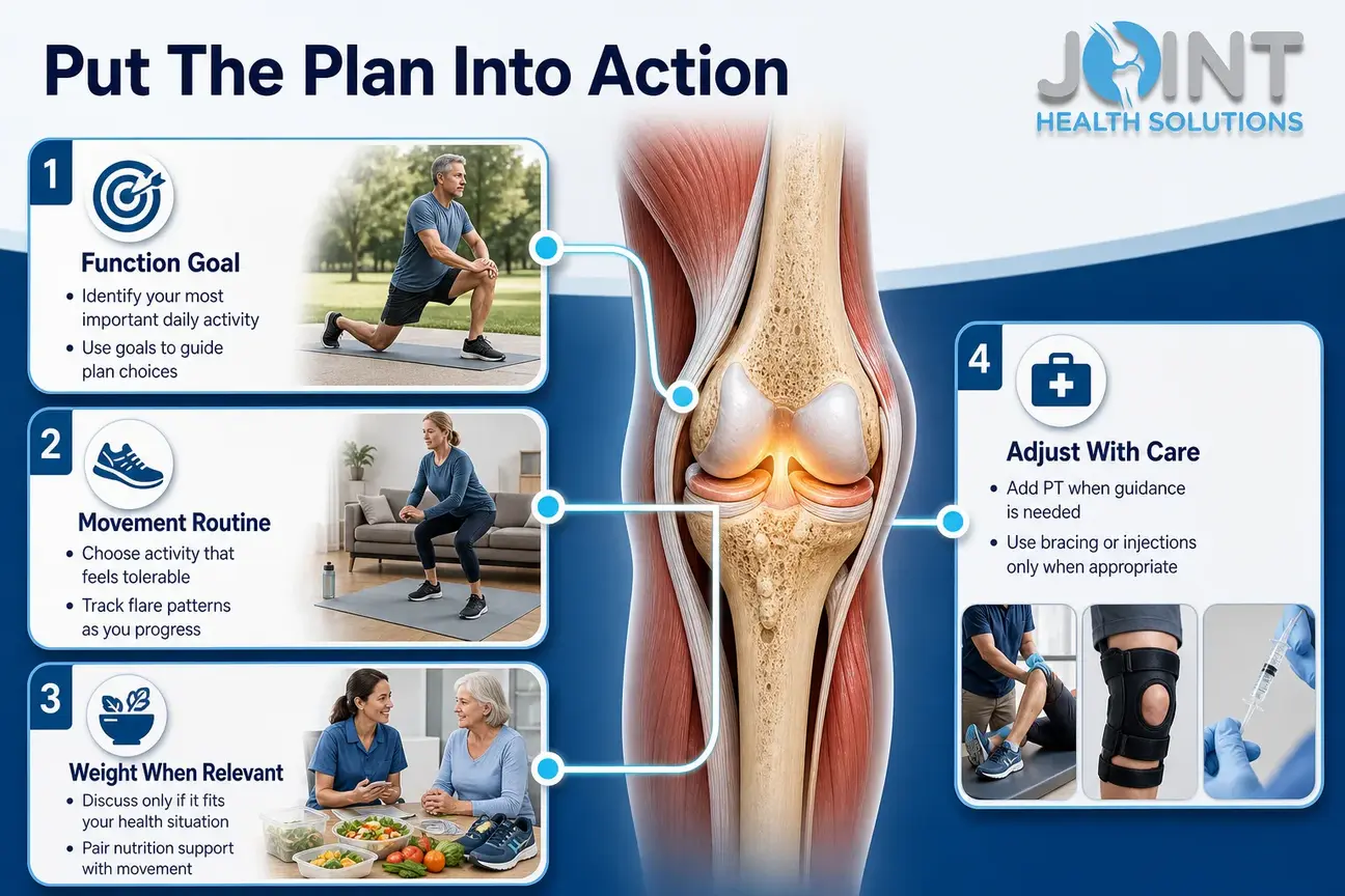 Stepwise knee osteoarthritis self-management graphic showing goals, movement, tracking, weight discussion, and care options.