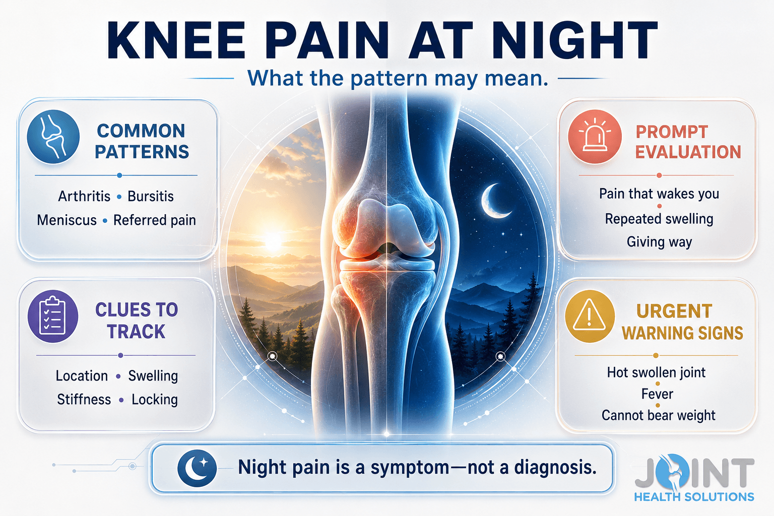 knee pain at night causes, warning signs, and next steps infographic