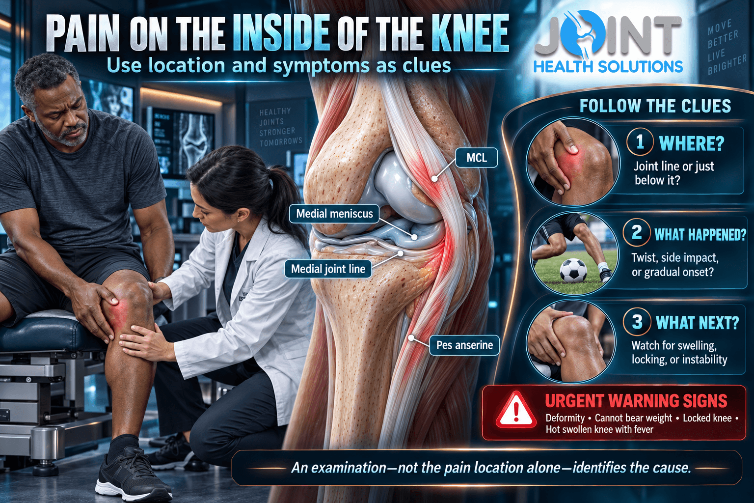 Pain on the inside of the knee infographic showing the MCL, medial meniscus, medial joint line, pes anserine, common causes, and urgent warning signs