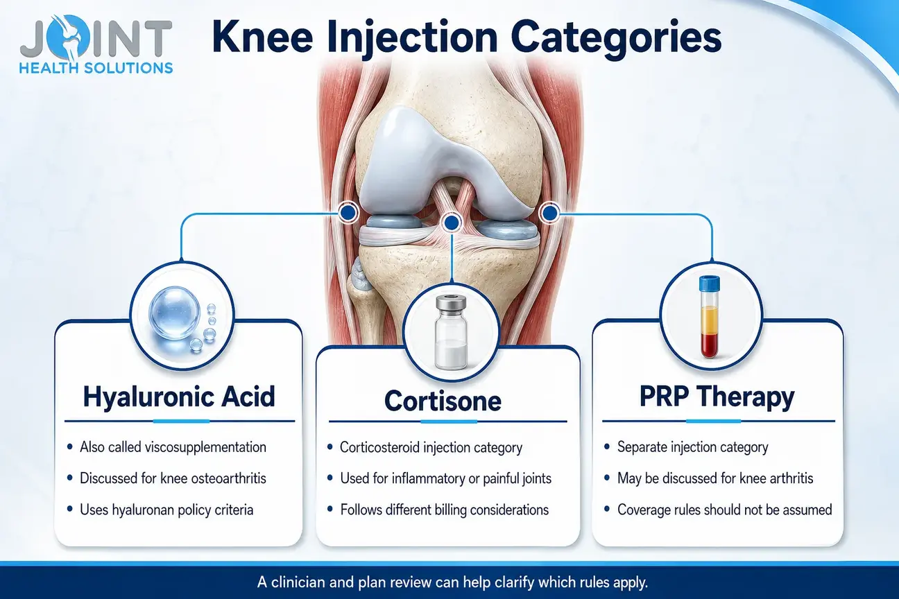 Comparison chart of hyaluronic acid, cortisone, and PRP injection categories for knee pain.