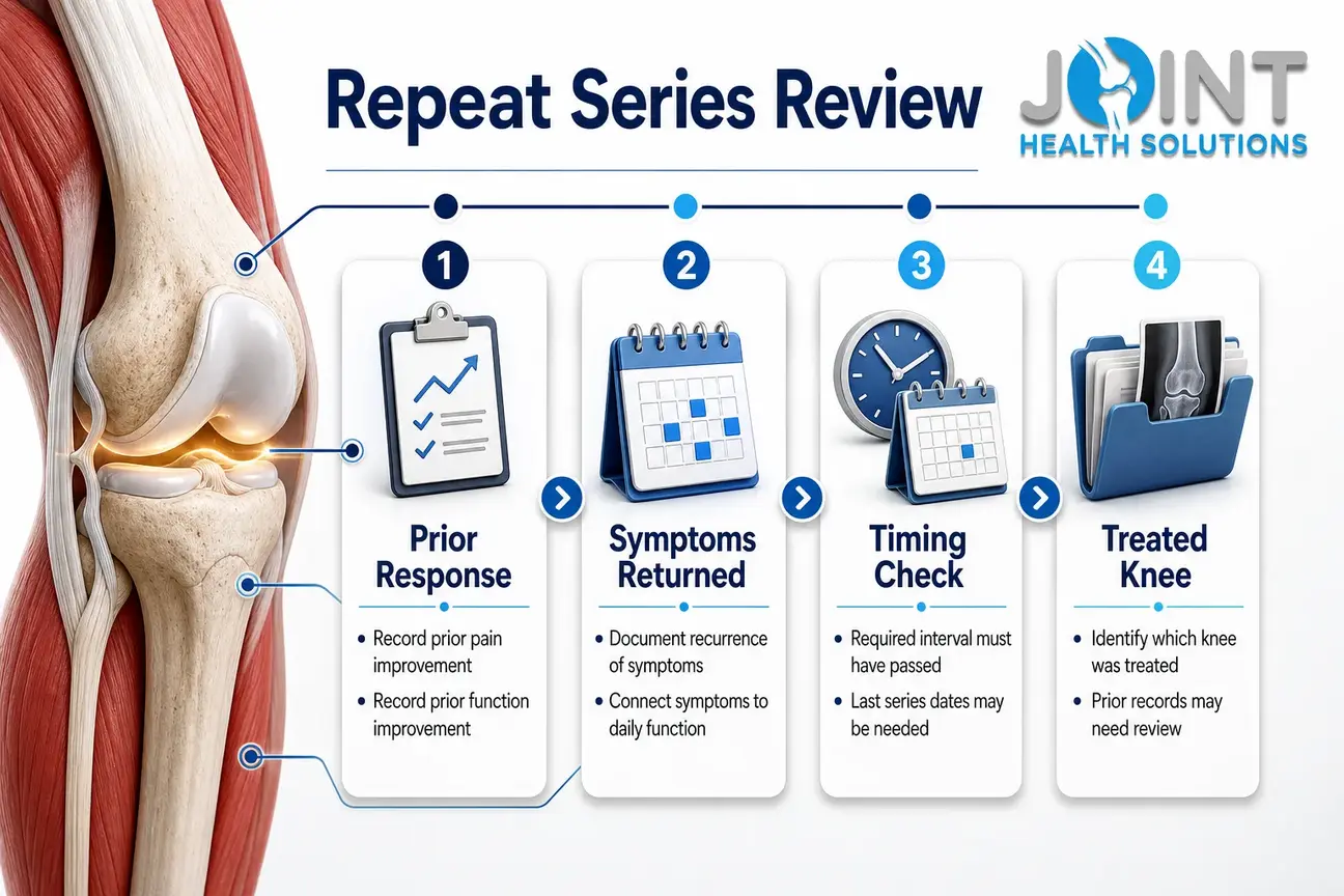 Timeline infographic showing repeat knee gel injection review points for Medicare documentation.
