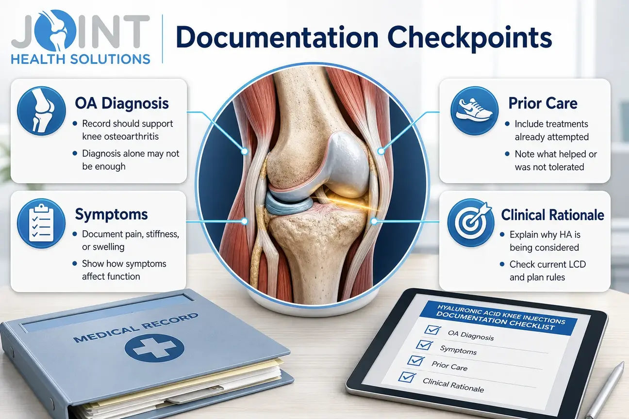 Checklist infographic showing documentation points for Medicare knee hyaluronic acid injections.