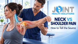 Neck vs shoulder pain banner showing detailed cervical nerves, shoulder muscles, rotator cuff, and joint anatomy.