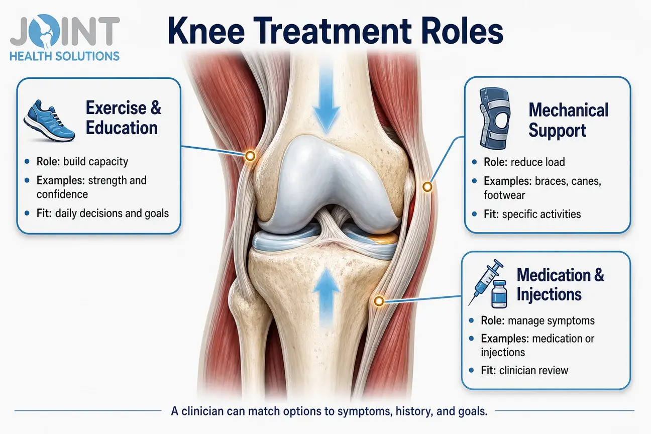 Infographic comparing exercise, support, and symptom-management roles in knee osteoarthritis care.