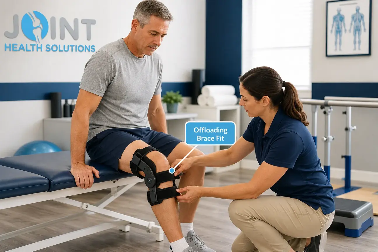 Clinician fitting an offloading knee brace for an adult patient in a rehab room.
