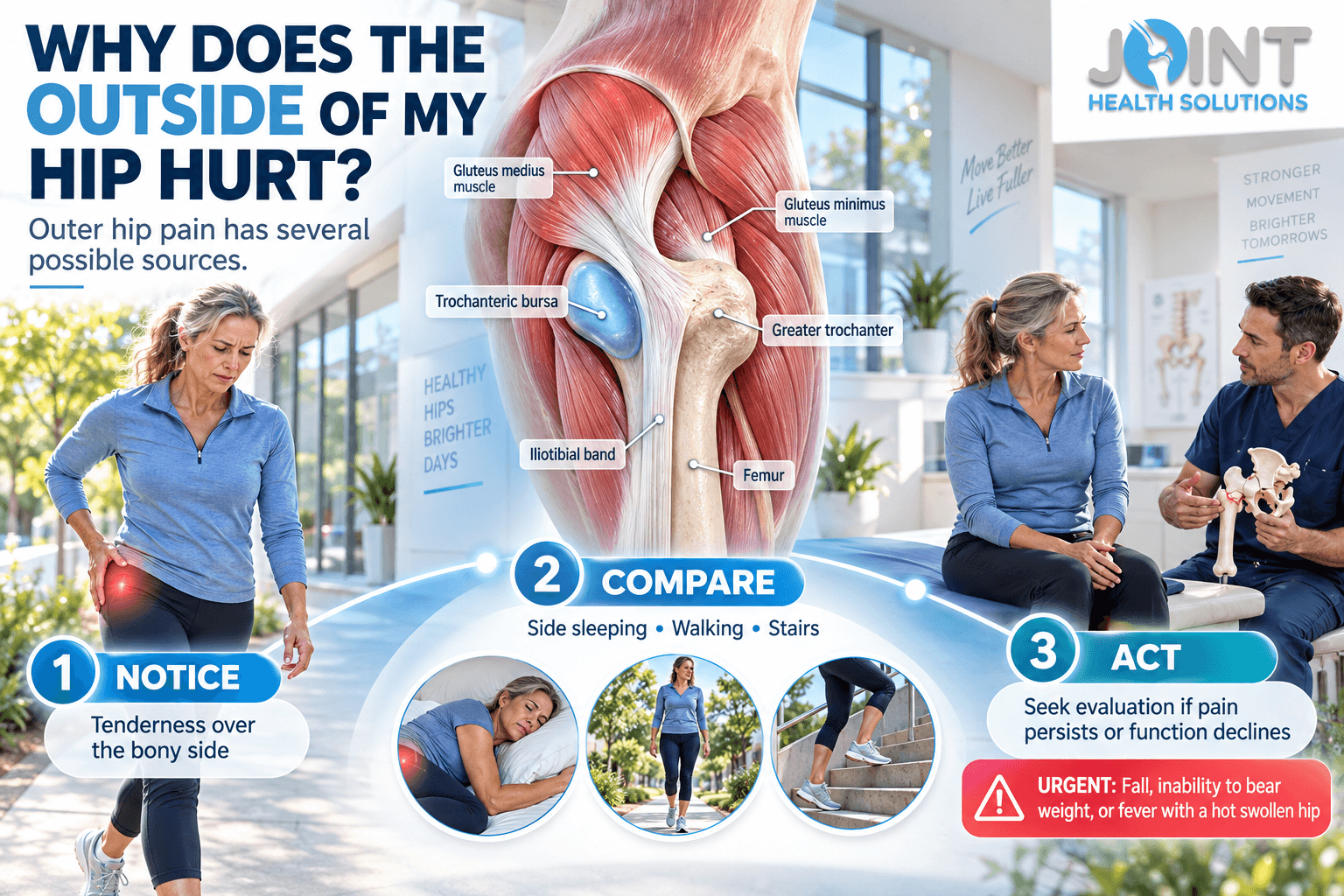 Outer hip pain infographic showing the greater trochanter, gluteal tendons, trochanteric bursa, iliotibial band, common symptoms, and urgent warning signs.