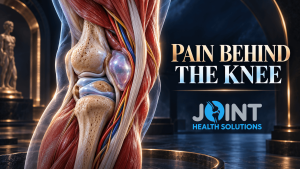Pain behind the knee banner featuring a highly detailed posterior knee anatomy model with muscles, tendons, bones, cartilage, and swelling behind the joint.