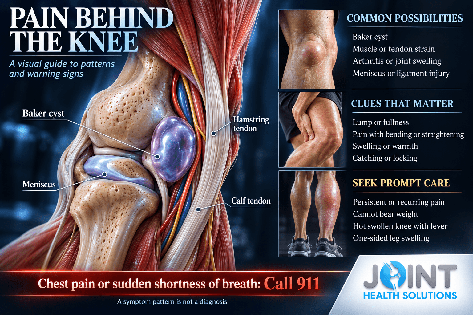 Pain behind the knee infographic showing a Baker cyst, posterior knee anatomy, common causes, symptoms, and warning signs requiring medical care.