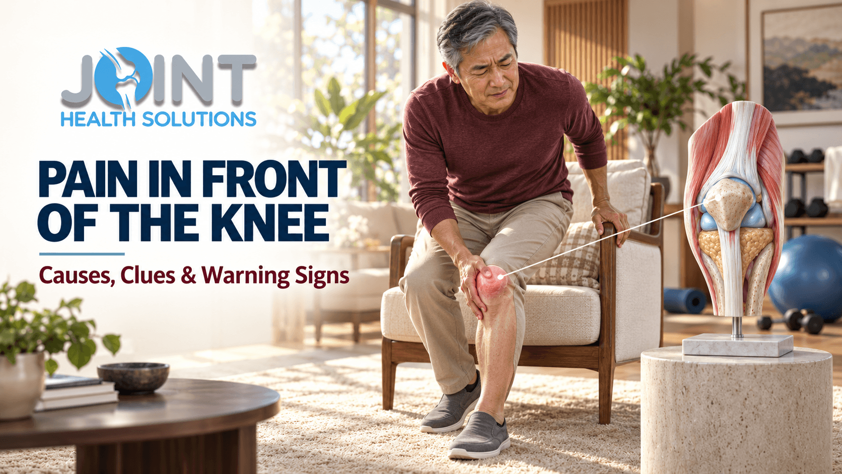 Pain in Front of the Knee: Causes and Warning Signs Pain in front of the knee banner showing a person experiencing kneecap pain beside a detailed anterior knee anatomy visualization.
