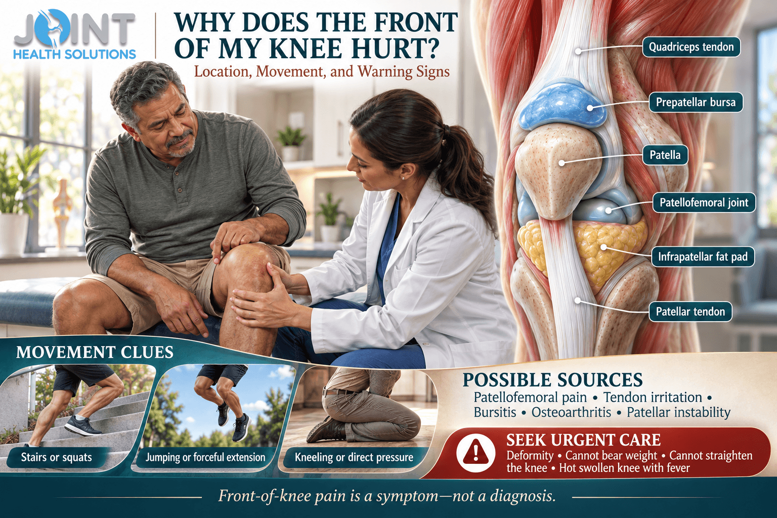 Pain in Front of the Knee: Causes and Warning Signs Pain in front of the knee infographic showing anterior knee anatomy, movement clues, common causes, and urgent warning signs.